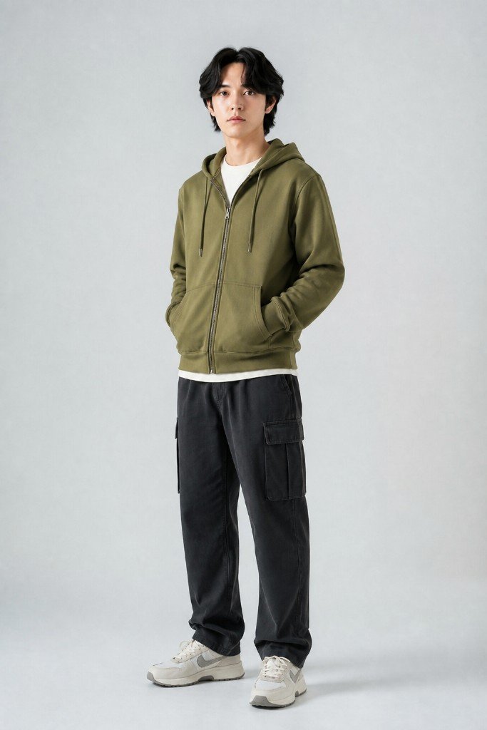 斜め45度の着用画像。シルエットの立体感を補う